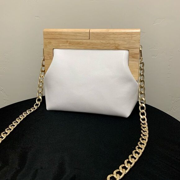 Handmade Genuine Cowhide Pattern Embossed Wooden Frame Purse & 2 Chain Styles - Picture 2 of 16